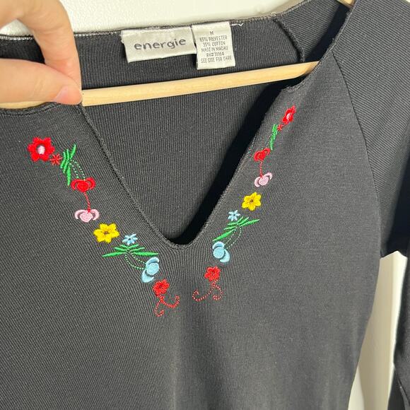 Vintage Y2K Energie Long Sleeve Embroidered Tee Womens Medium Black Floral - Picture 4 of 10